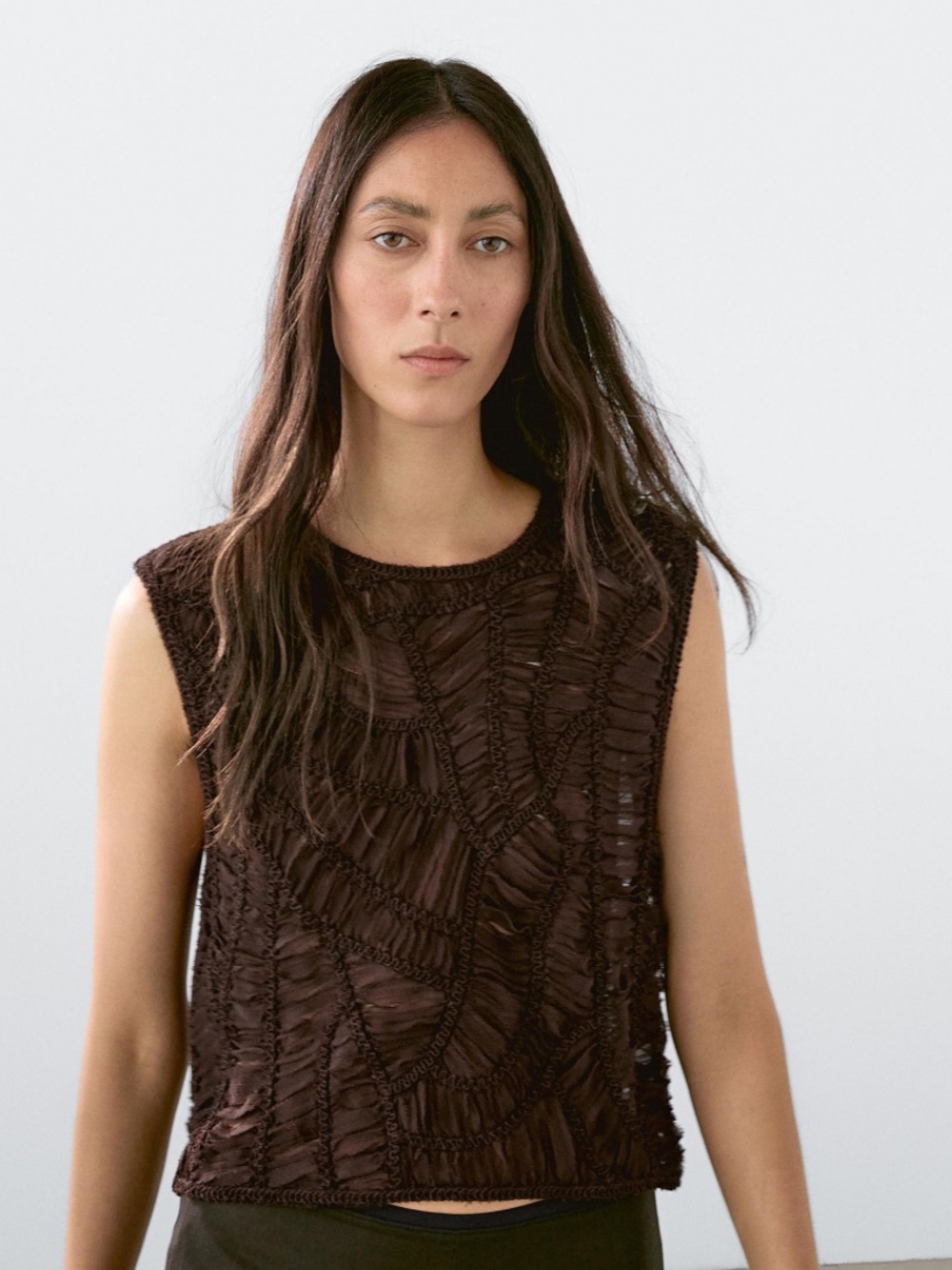 Massimo Dutti NWT openwork crochet knit sleeveless embroidered top brown 6266/22